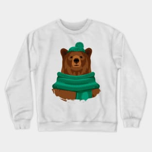 Brown bear in green hat and scarf Crewneck Sweatshirt